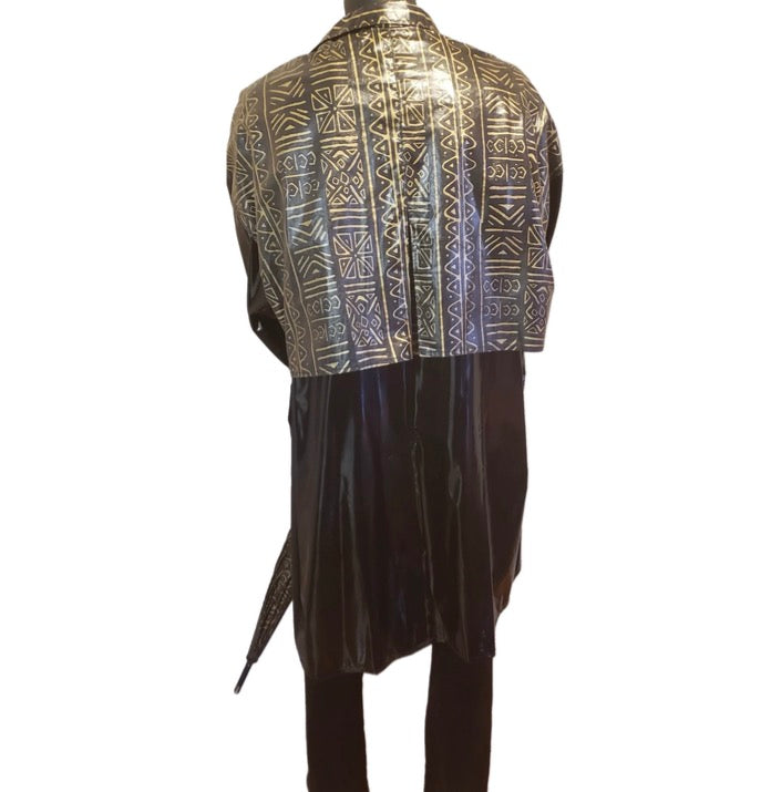 #M785 - Masikaa's Black And Gold African Print Men's Raincoat With Matching Umbrella (front). All Sizes