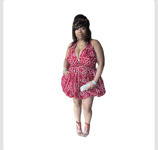 #NA889 - Cultural Red & White Balloon Dress. One Size Fits Most