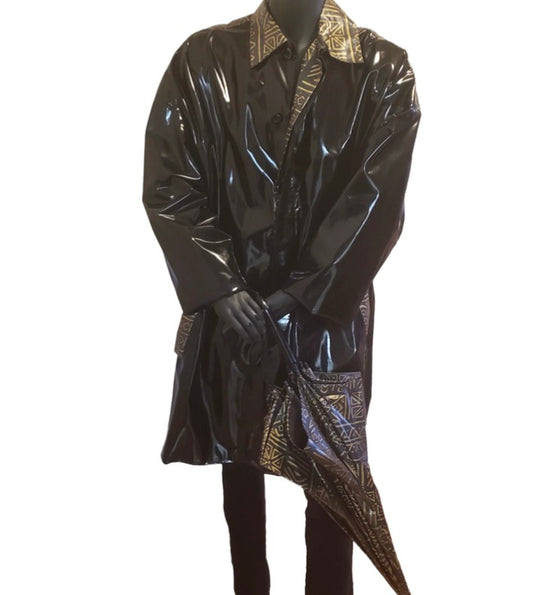 #M785 - Masikaa's Black And Gold African Print Men's Raincoat With Matching Umbrella (front). All Sizes