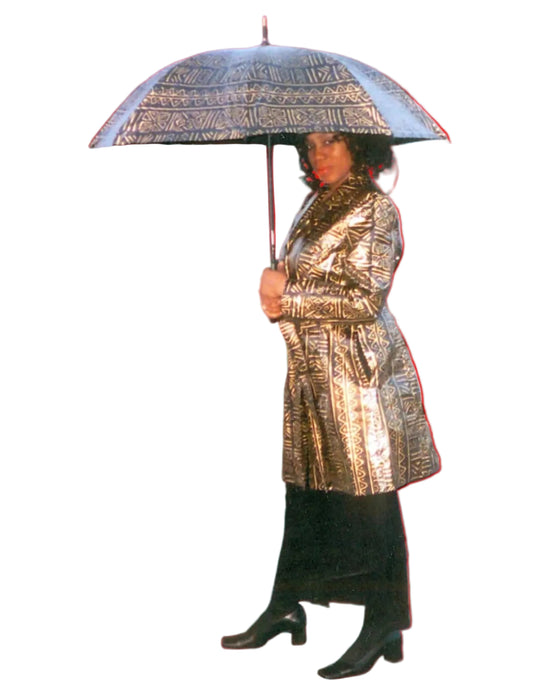 #1020 - Masikaa's Black and Gold Raingear Ensemble With Matching Hat and Umbrella For Her. All Sizes