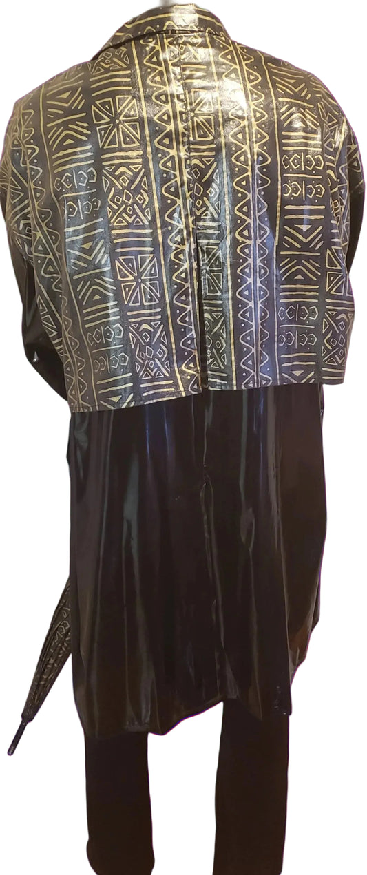 #M785 - Masikaa's Black And Gold African Print Men's Raincoat With Matching Umbrella (back). All Sizes