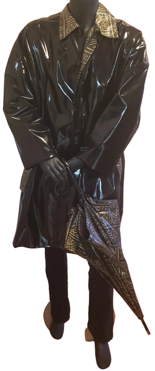 #M785 - Masikaa's Black And Gold African Print Men's Raincoat With Matching Umbrella (front). All Sizes